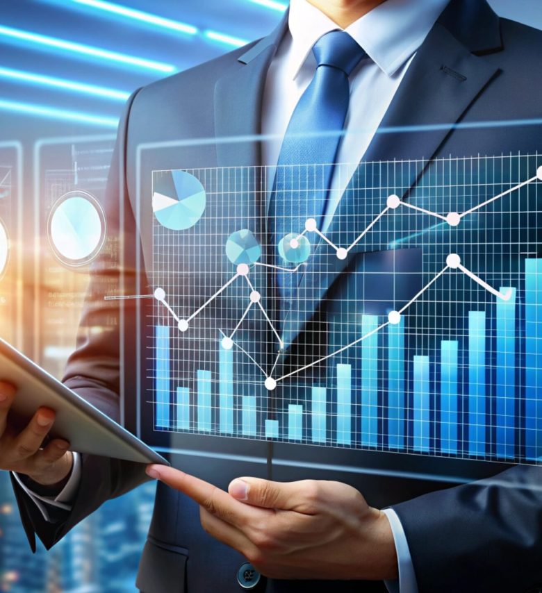 Businessman analyzing financial data with tablet.